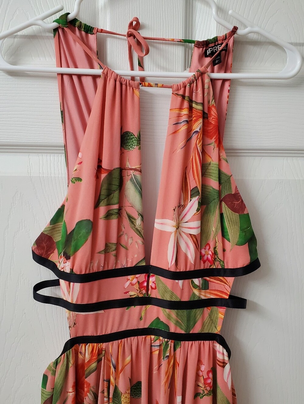 Express Pink Floral Halter Maxi Dress with Black Cut Out Waist Straps - Picture 3 of 8